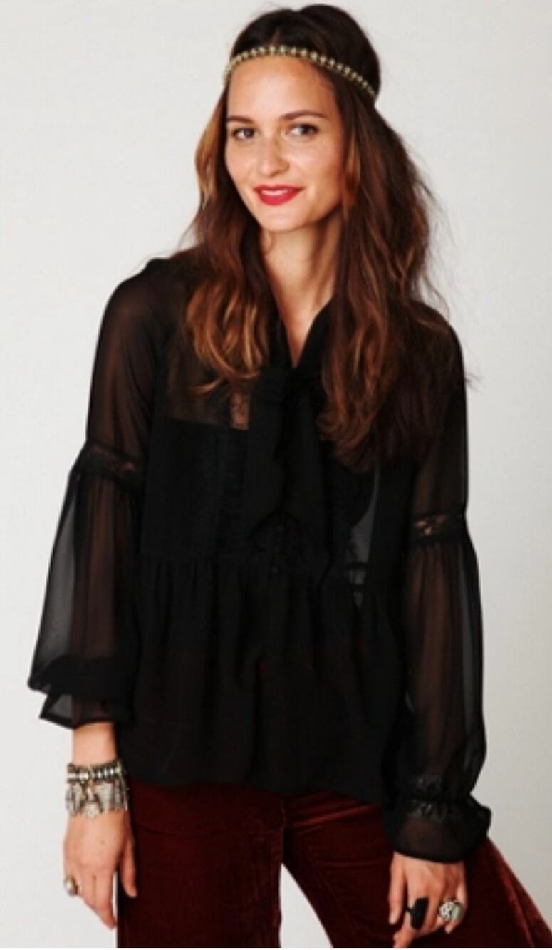 Free People Black Sheer Tiered Lace Bow Tie Long Sleeves